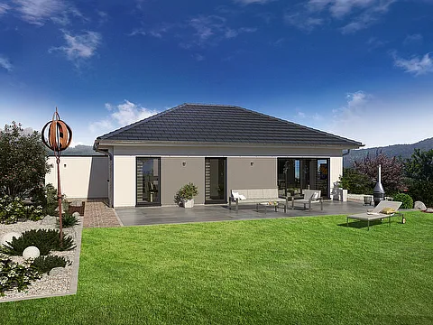 Bungalow Fertighaus mit optionaler Garage - Gartenansicht