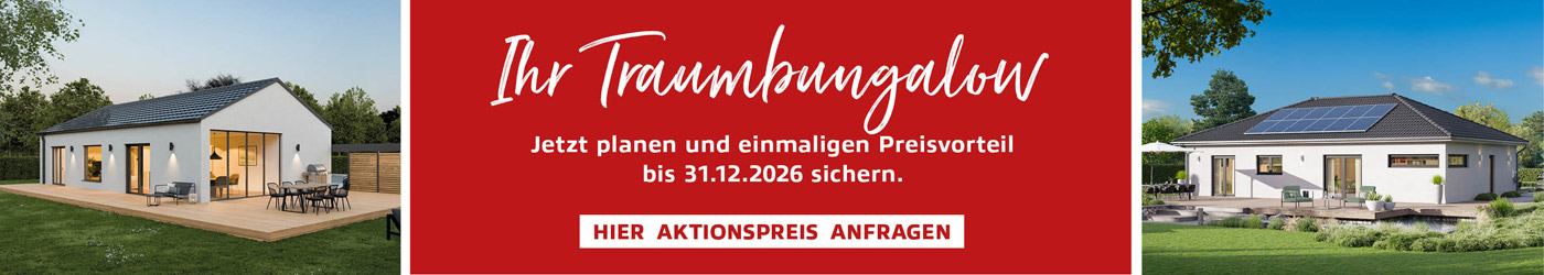 Banner für die Aktion Bungalow mit zwei Bungalows und Button zur Anforderung für den Bungalow-Katalog