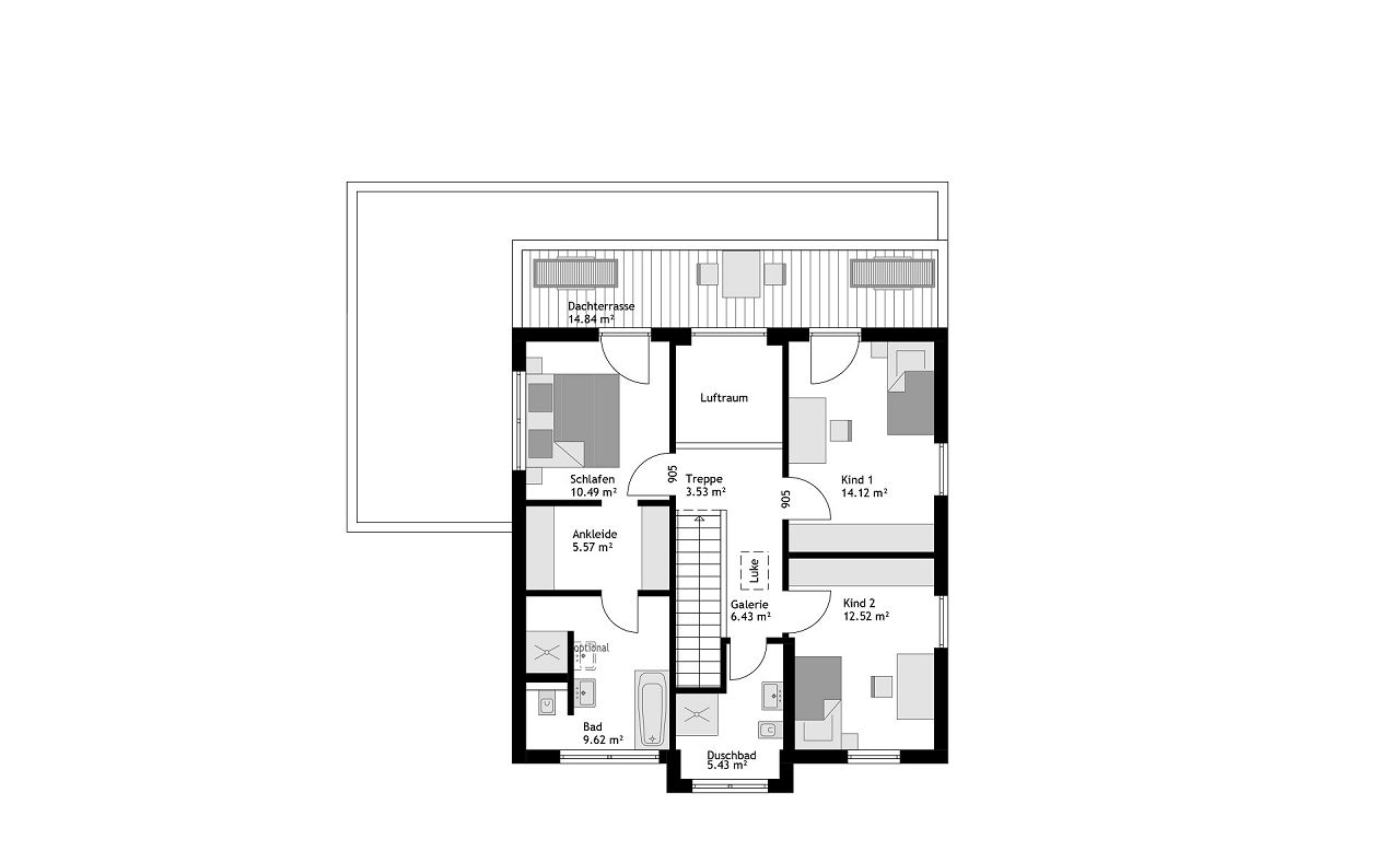 Obergeschossgrundriss der exklusiven Bauhausvilla