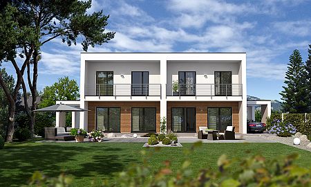 moderne Doppelhaushälfte mit Flachdach und Carport - Gartenansicht