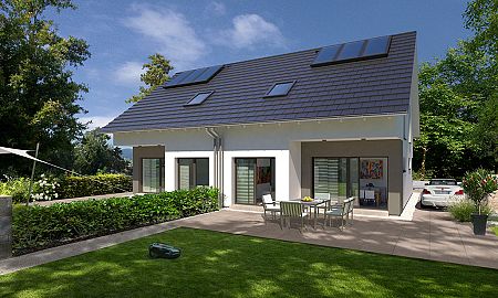 Doppelhaushälfte mit Satteldach, überdachter Terrasse - Gartenansicht
