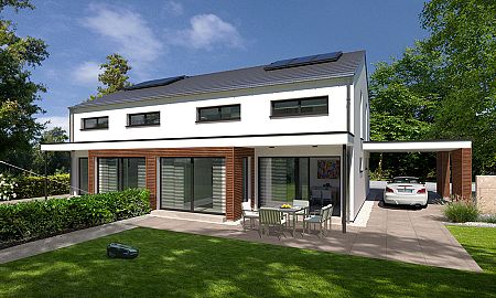Doppelhaushälfte mit erhöhtem Kniestock, Erker und überdachter Terrasse - Gartenansicht