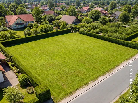Grundstück unbebautes Baugrundstück mit Rasenfläche, Hecken, Straßenanbindung und Wohnhäusern im Umfeld