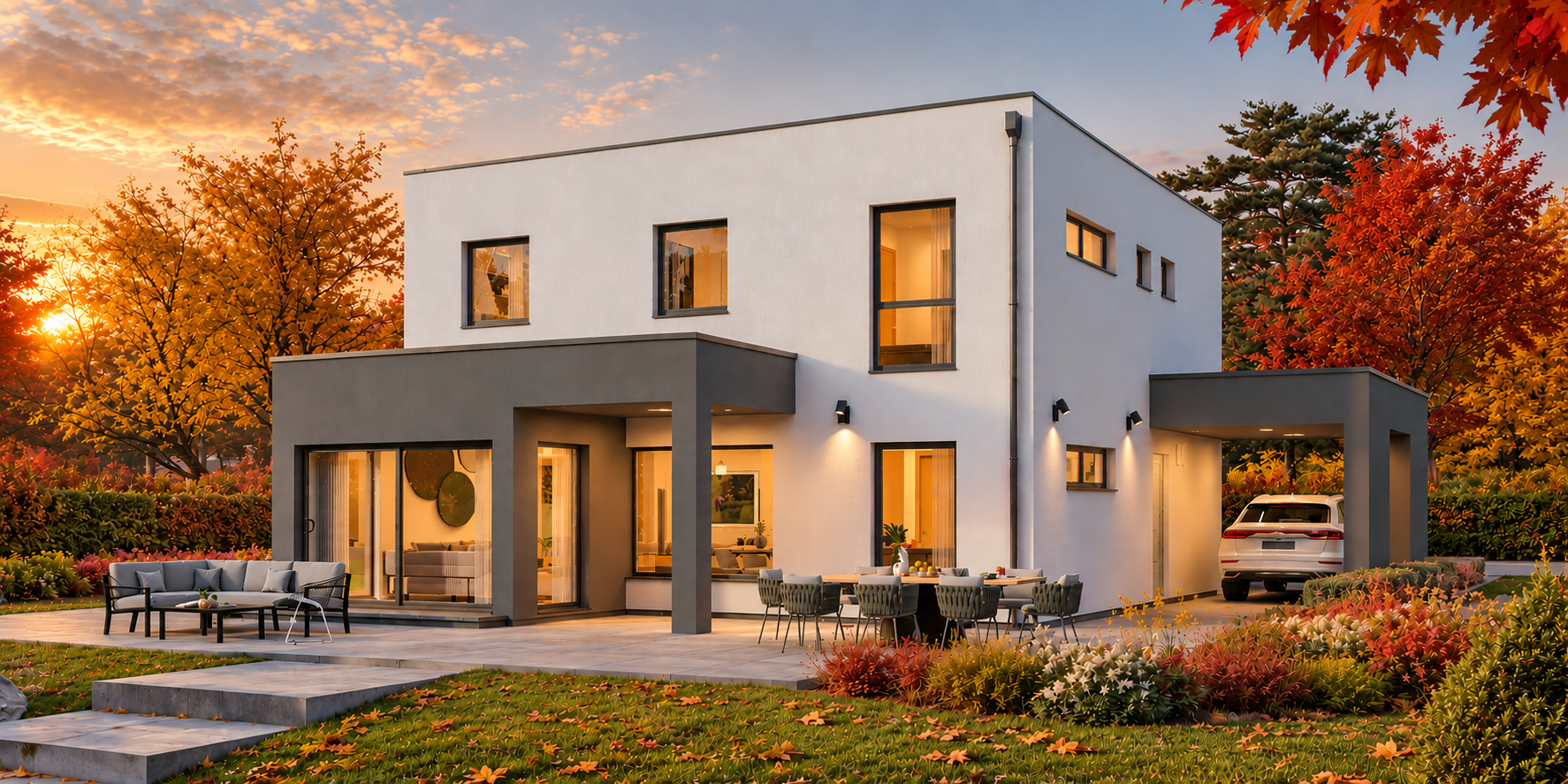 Fertighaus Stadtvilla kubischer Bau mit Flachdach, helle Klinkerfassade, große Fenster, Terrasse, Garten und Carport