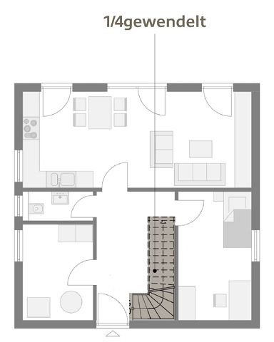 Grundriss mit Treppe viertel gewendelt