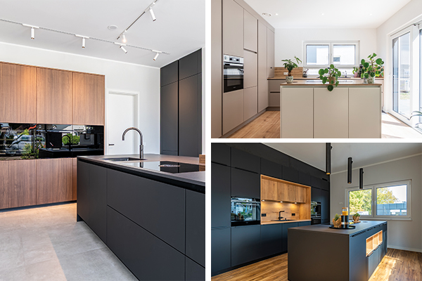 STREIF Innenraum moderne Küchen mit Kochinseln, dunklen Fronten und warmen Holzdetails