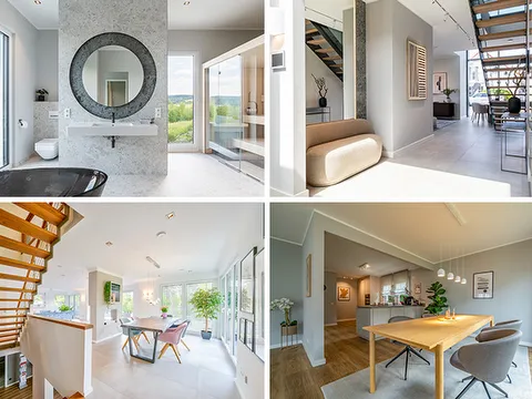 STREIF Innenraum Collage mit Bad, Flur, Essbereich und Treppe im modernen Fertighaus