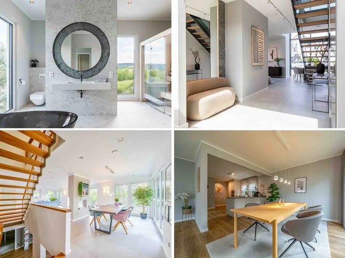STREIF Innenraum Collage mit Bad, Flur, Essbereich und Treppe im modernen Fertighaus