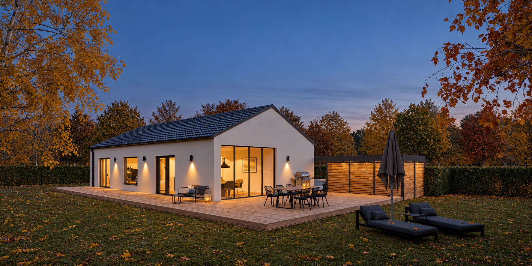 Bungalow in herbstlicher Abendstimmung
