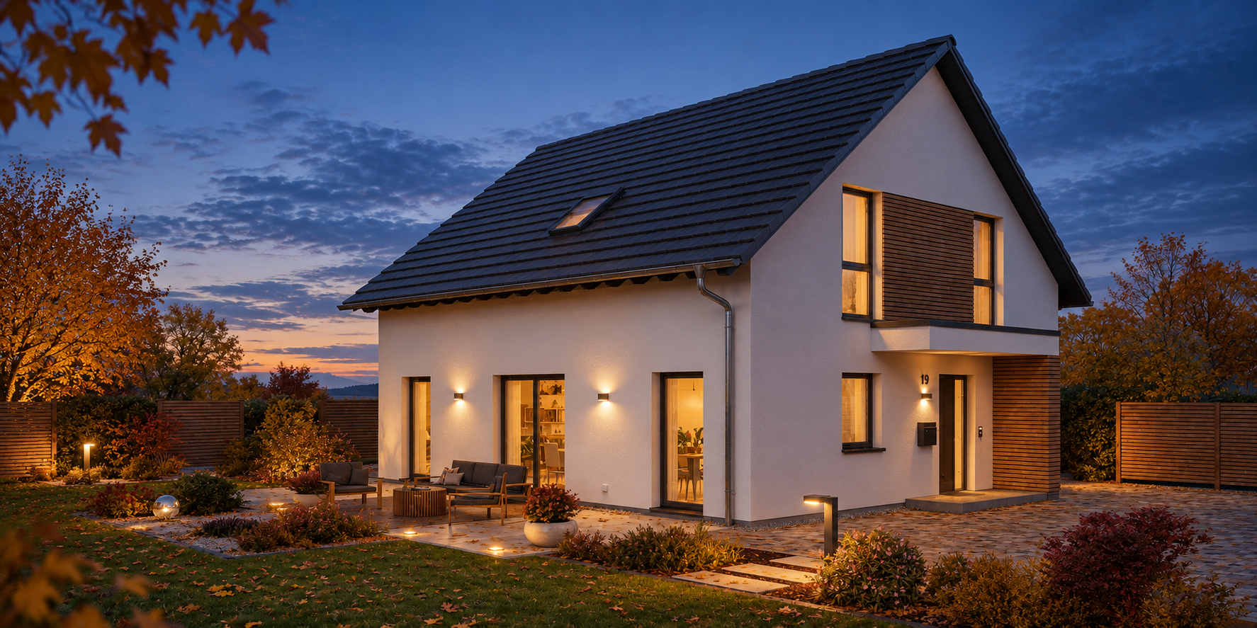Einfamilienhaus in herbstlicher Abendstimmung