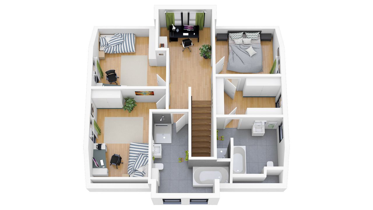 Grundriss 3D Dachgeschoss - Einfamilienhaus mit Flachdach Erker