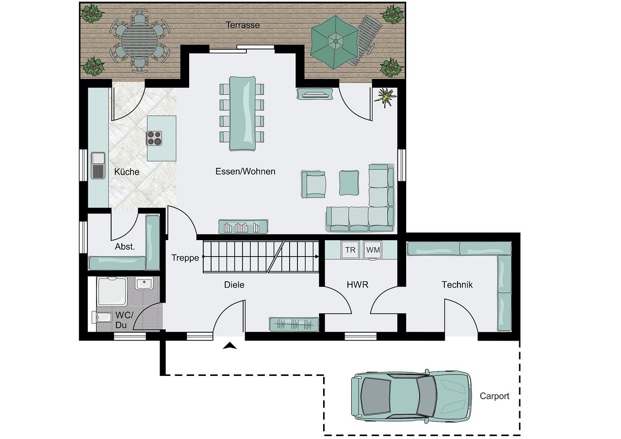 Grundriss Erdgeschoss -Einfamilienhaus mit Carport