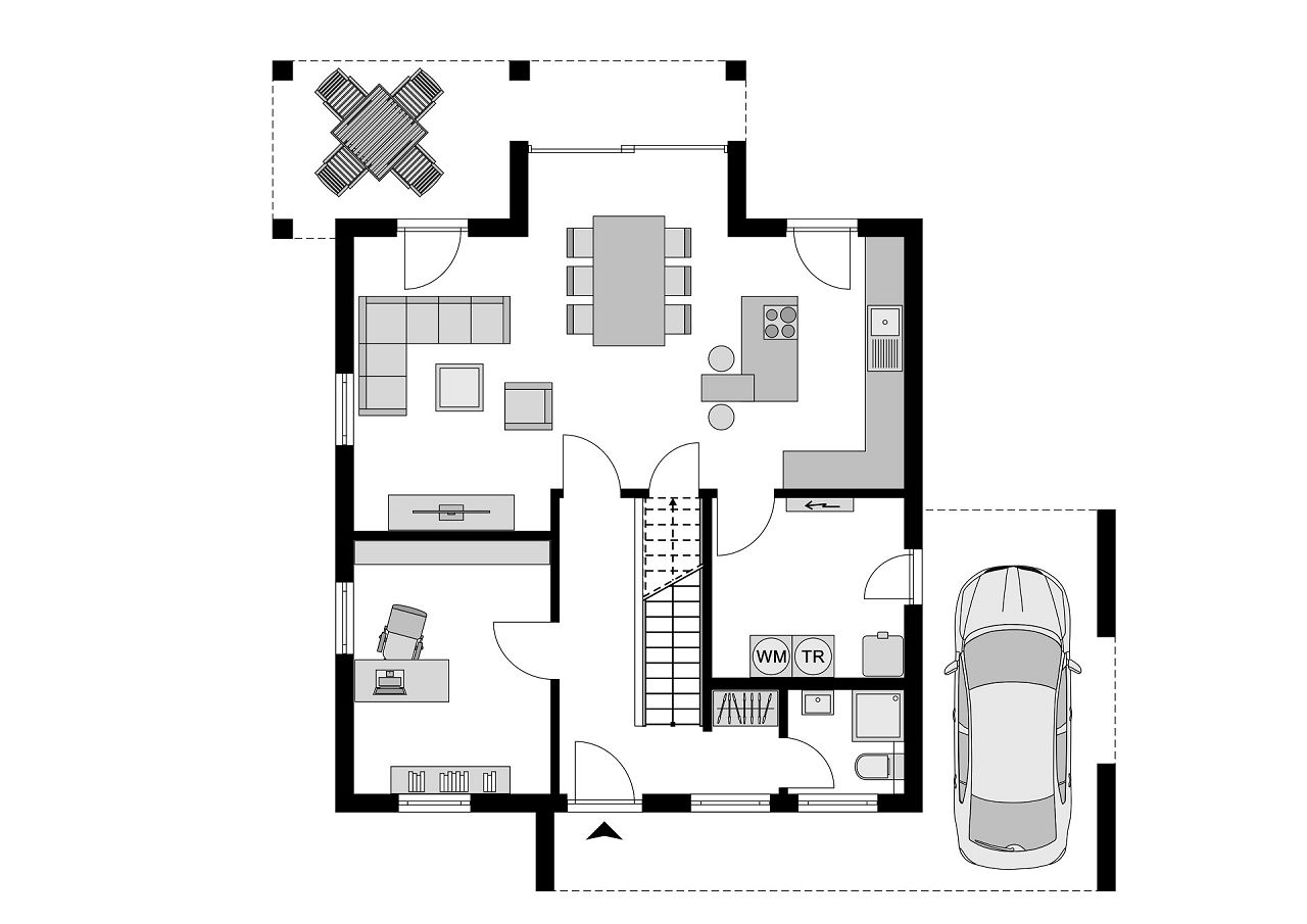 Grundriss Erdgeschoss - Stadtvilla Bauhausstil mit Garage