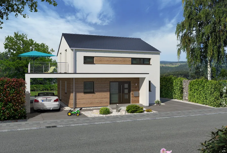 Modernes Einfamilienhaus mit Carport und Balkon - Frontansicht