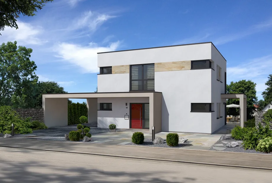 Flachdachvilla als Fertighaus mit Carport und Erker