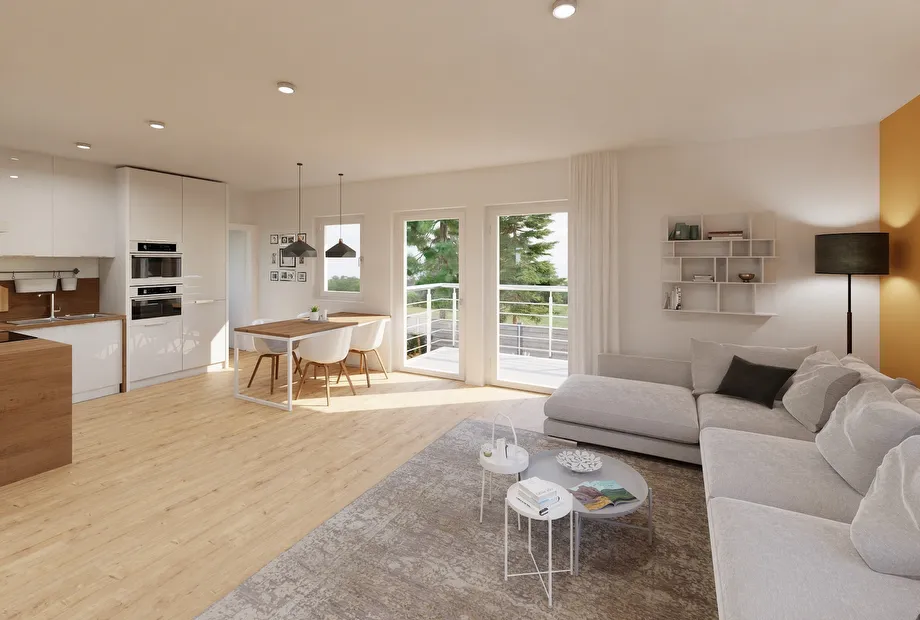 Doppelhaushälfte mit Satteldach, überdachte Terrasse - Wohnbereich