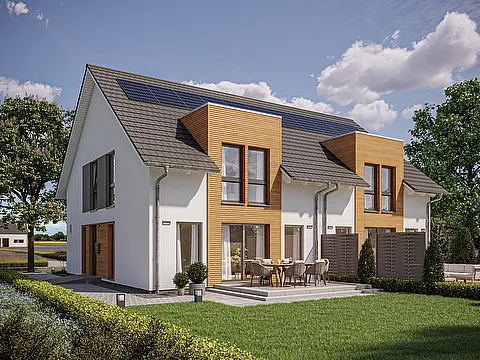 Modernes Doppelhaus mit Erker und Zwerchgiebel