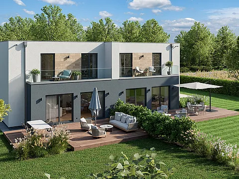 modernes Doppelhaus mit Gebäudeversatz und Flachdach