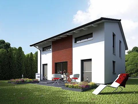 Einfamilienhaus mit Teilholzverkleidung und Satteldach - Gartenansicht