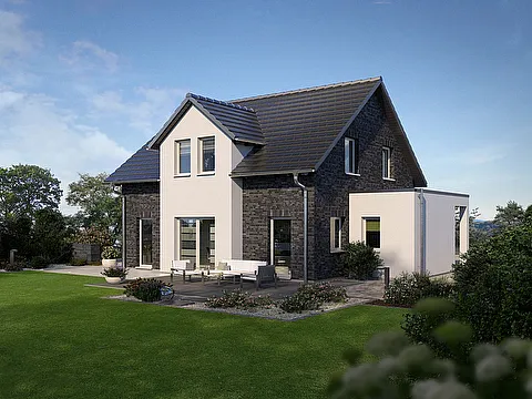 Modernes Landhaus mit Zwerchhaus, überdachtem Eingang - Gartenansicht
