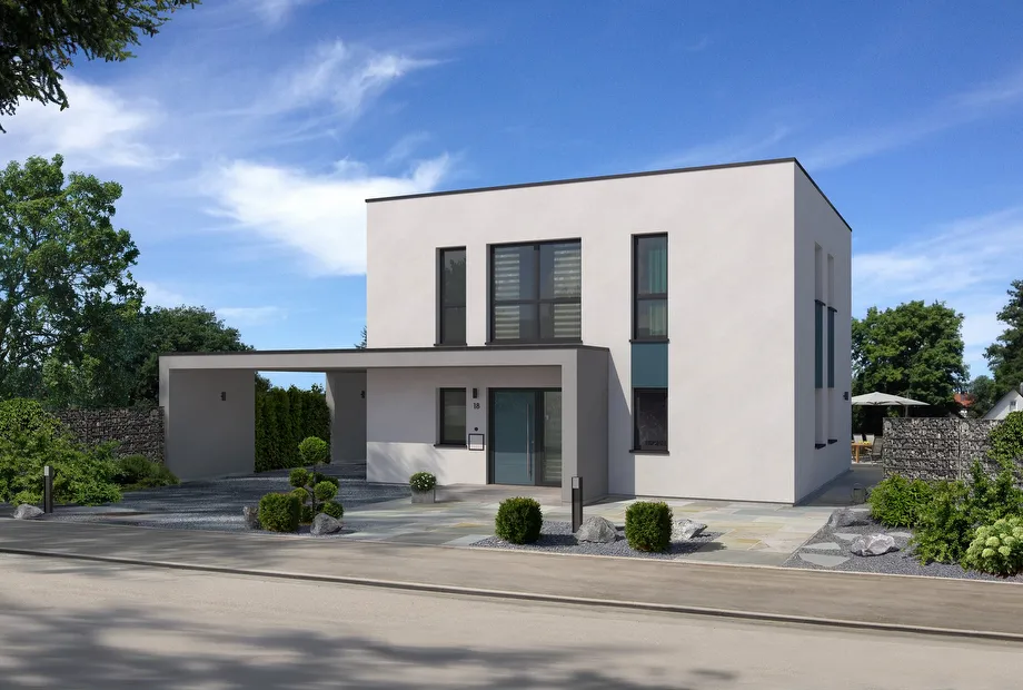 Stadtvilla mit Flachdach - Haustürüberdachung mit Carport Frontansicht