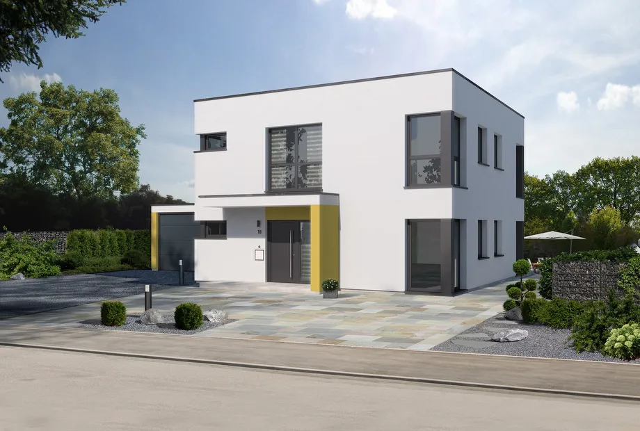 Stadtvilla mit Flachdach, überdachtem Eingang und Garage - Frontansicht