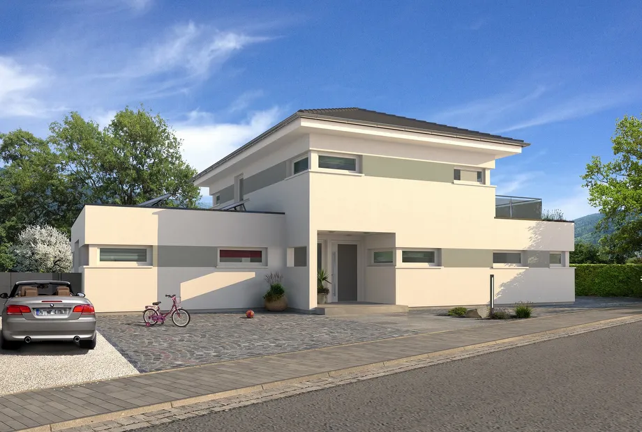 Stadtvilla mit Walmdach und versetzten Gebäudekörpern - Frontansicht