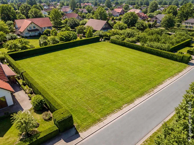 Grundstück unbebautes Baugrundstück mit Rasenfläche, Hecken, Straßenanbindung und Wohnhäusern im Umfeld