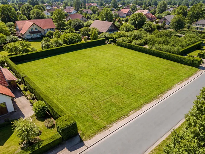 Grundstück unbebautes Baugrundstück mit Rasenfläche, Hecken, Straßenanbindung und Wohnhäusern im Umfeld