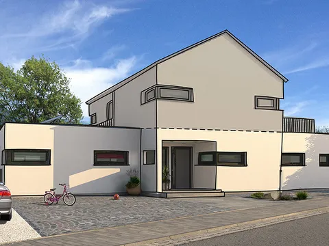 Fertighaus Aufstockung eines Bungalows mit hellem Obergeschoss, Satteldach, Flachdachanbauten und dunklen Fensterrahmen