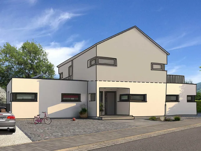 Fertighaus Aufstockung eines Bungalows mit hellem Obergeschoss, Satteldach, Flachdachanbauten und dunklen Fensterrahmen