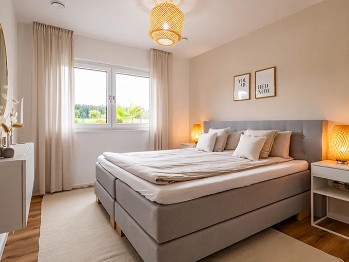 STREIF Innenraum Schlafzimmer mit Boxspringbett, Nachttischen und großem Fenster in heller Raumansicht