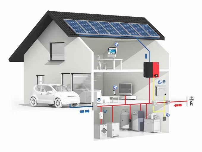 Fertighaus Einfamilienhaus mit Solardach, Energiesystemen und technischer Schnittdarstellung