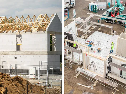 STREIF Baustelle mit Fertighaus-Rohbau, Dachstuhl, Kran und Monteuren aus zwei Perspektiven