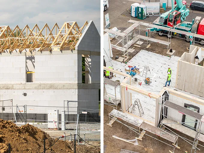 STREIF Baustelle mit Fertighaus-Rohbau, Dachstuhl, Kran und Monteuren aus zwei Perspektiven