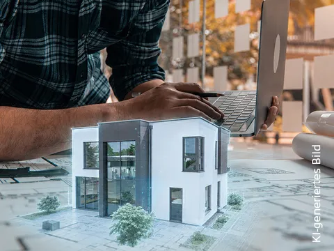 Fertighaus Stadtvilla als digitales Modell auf Bauplan mit Laptop im Planungsbüro