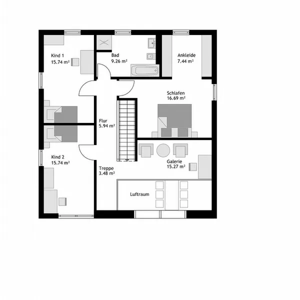 Grundriss Obergeschoss der exklusiven STREIF-Villa 01 in der Größe XXL