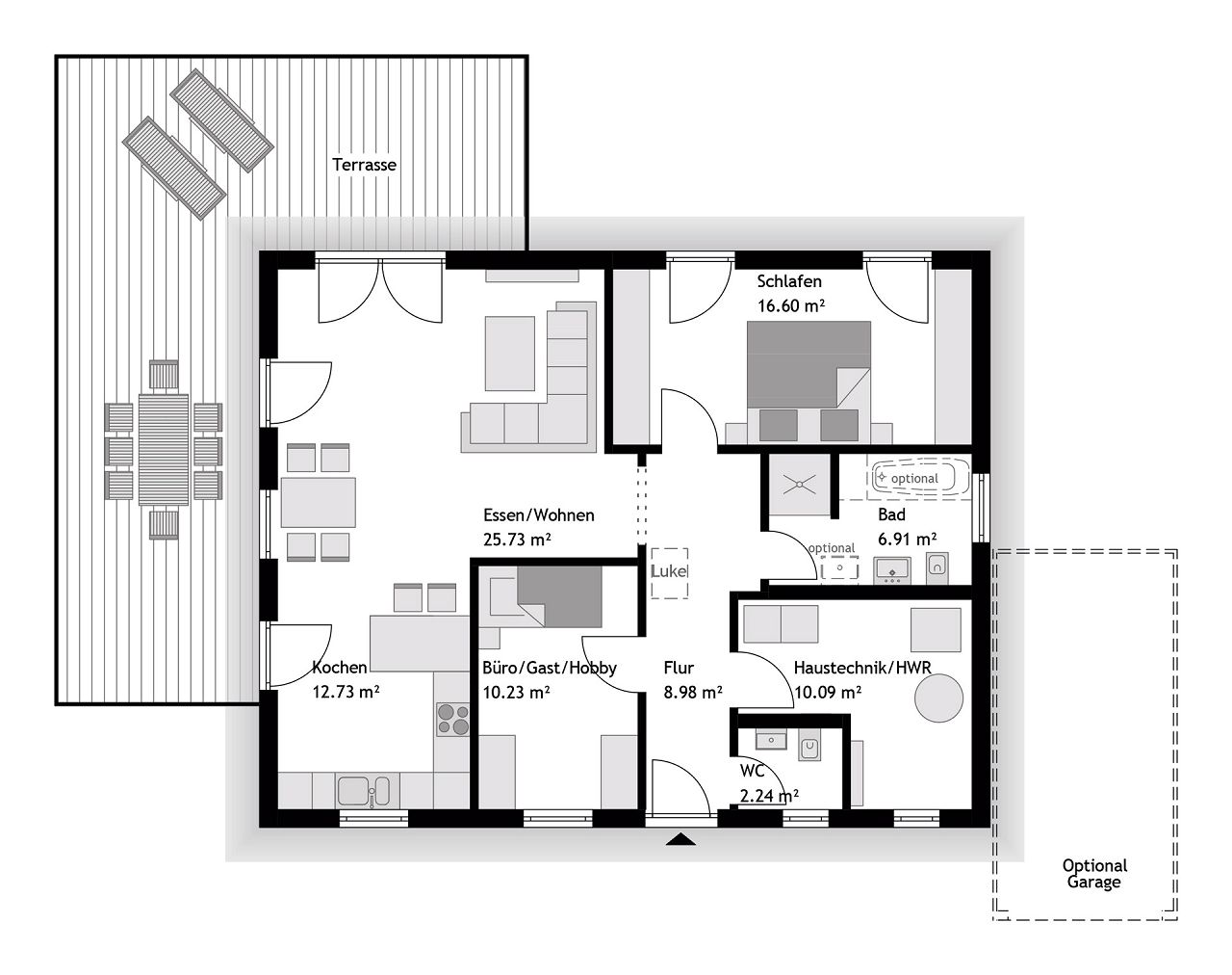 Grundriss Bungalow Fertighaus mit optionaler Garage