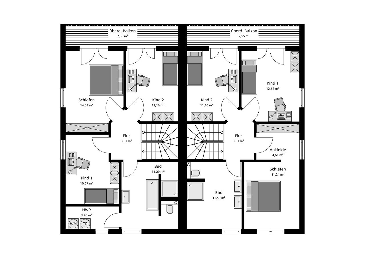 Grundriss Obergeschoss - Doppelhaus 2