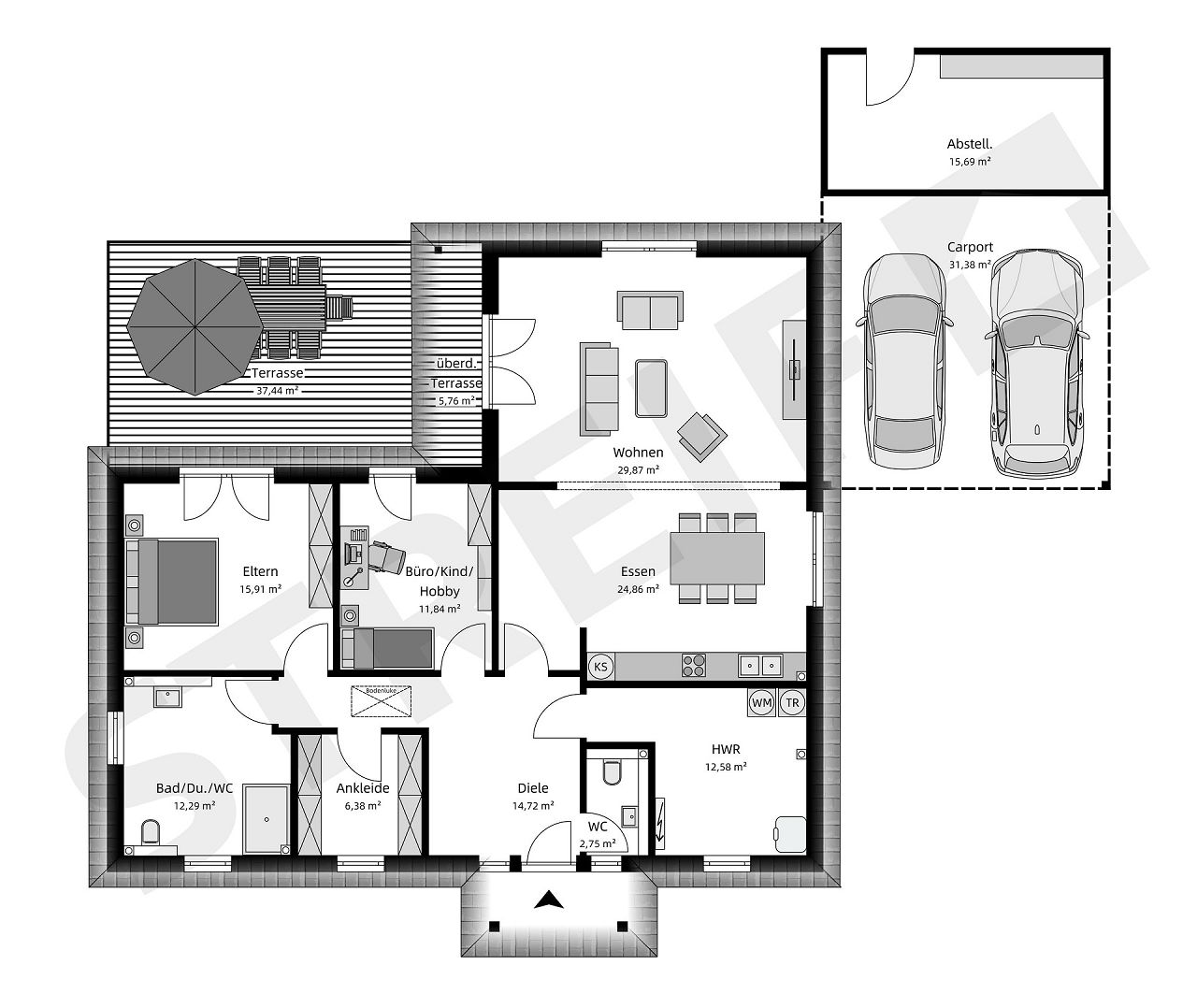 Grundriss Winkelbungalow mit Charme