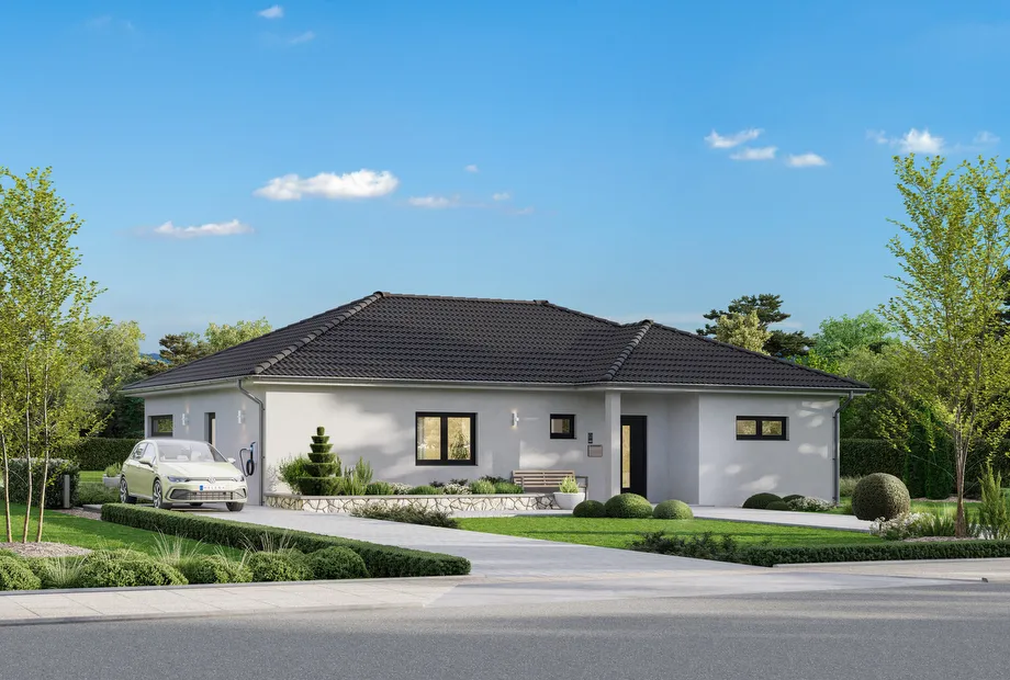 Bungalow Fertighaus als Winkelbungalow mit Walmdach - Frontansicht