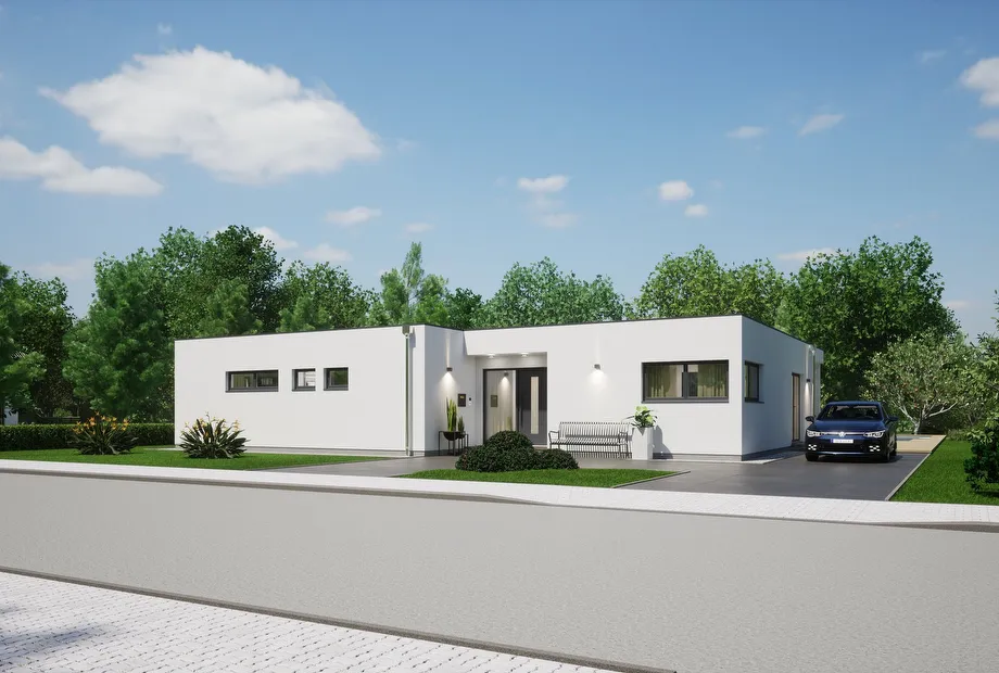 Bungalow Fertighaus mit Flachdach Frontansicht
