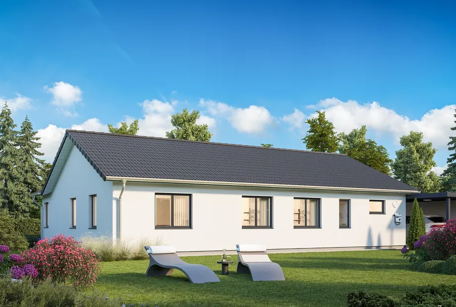 außergewöhnlicher Bungalow mit 2 Erkern - Gartenansicht