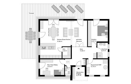 Grundriss Bungalow mit Pult- und Flachdach