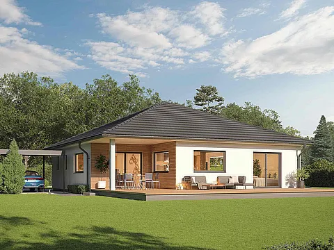 Fertighaus Bungalow mit Walmdach, heller Fassade, Holzakzenten, Terrasse und Garten in Außenansicht