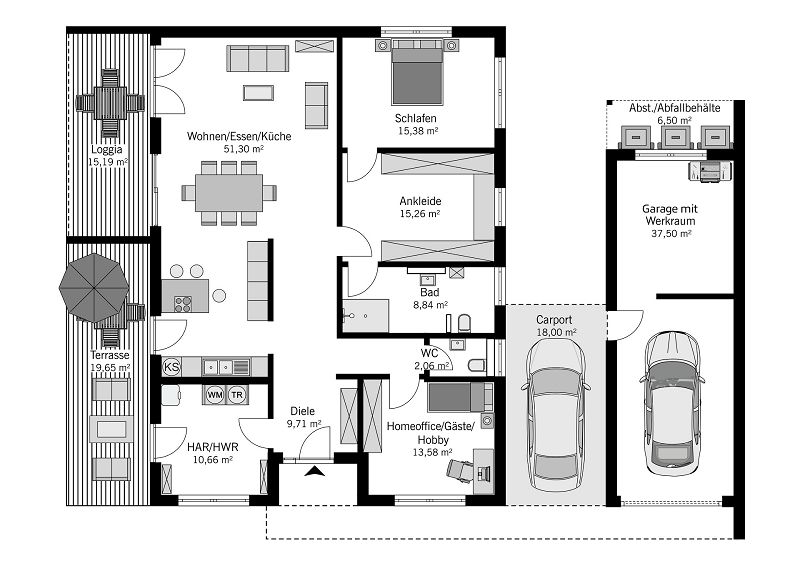 Grundriss Bungalow Bauhausstil 127 qm mit Carport und Garage
