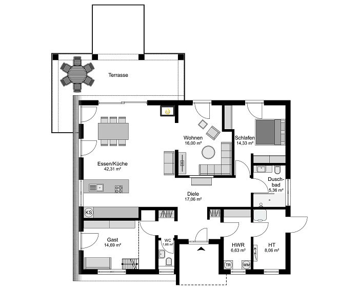 Grundriss Bungalow mit Pult-/Flachdach 131 qm