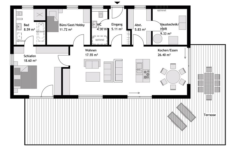 Grundriss moderner Bungalow mit Satteldach, 107 qm