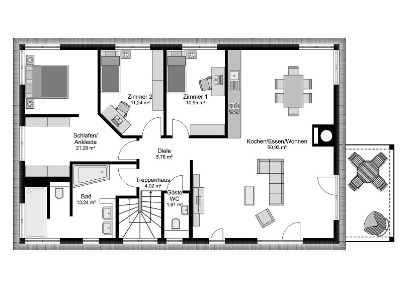 Grundriss Bungalow mit Einliegerwohnung, Kellergeschoss