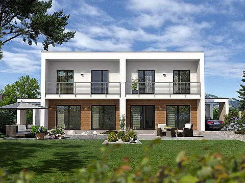Doppelhaus 2 mit Flachdach und Balkon - Gartenansicht